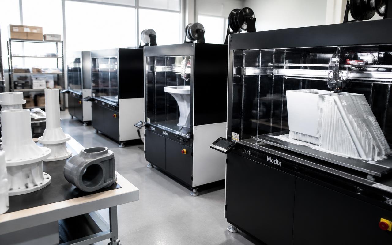Großformatige FDM 3D Druckfarm fertigt weiße und graue technische Bauteile