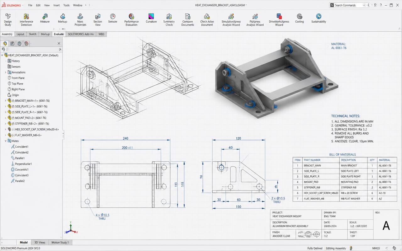 Parametrische CAD Baugruppe einer Aluminiumhalterung mit bemaßten technischen Zeichnungen