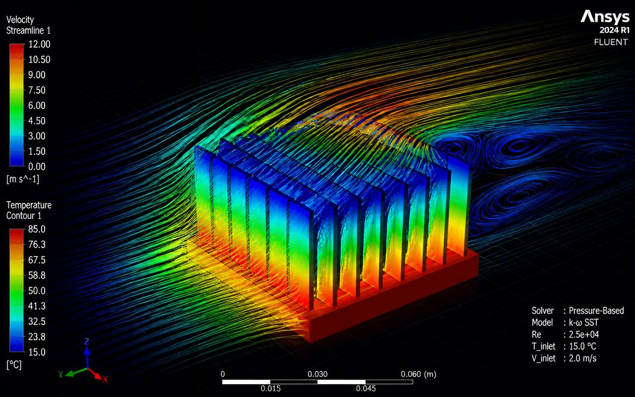 Ansys Fluent CFD Ergebnis mit Geschwindigkeitsstromlinien und Temperaturverteilung an einem Kühlkörper